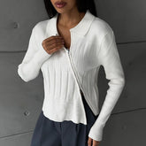TARUXY Weiß Strickjacke Frauen Ribbing Drehen Kragen Zipper Dünne Pullover Femme Herbst Winter Mode Strickwaren Strickjacken Frau